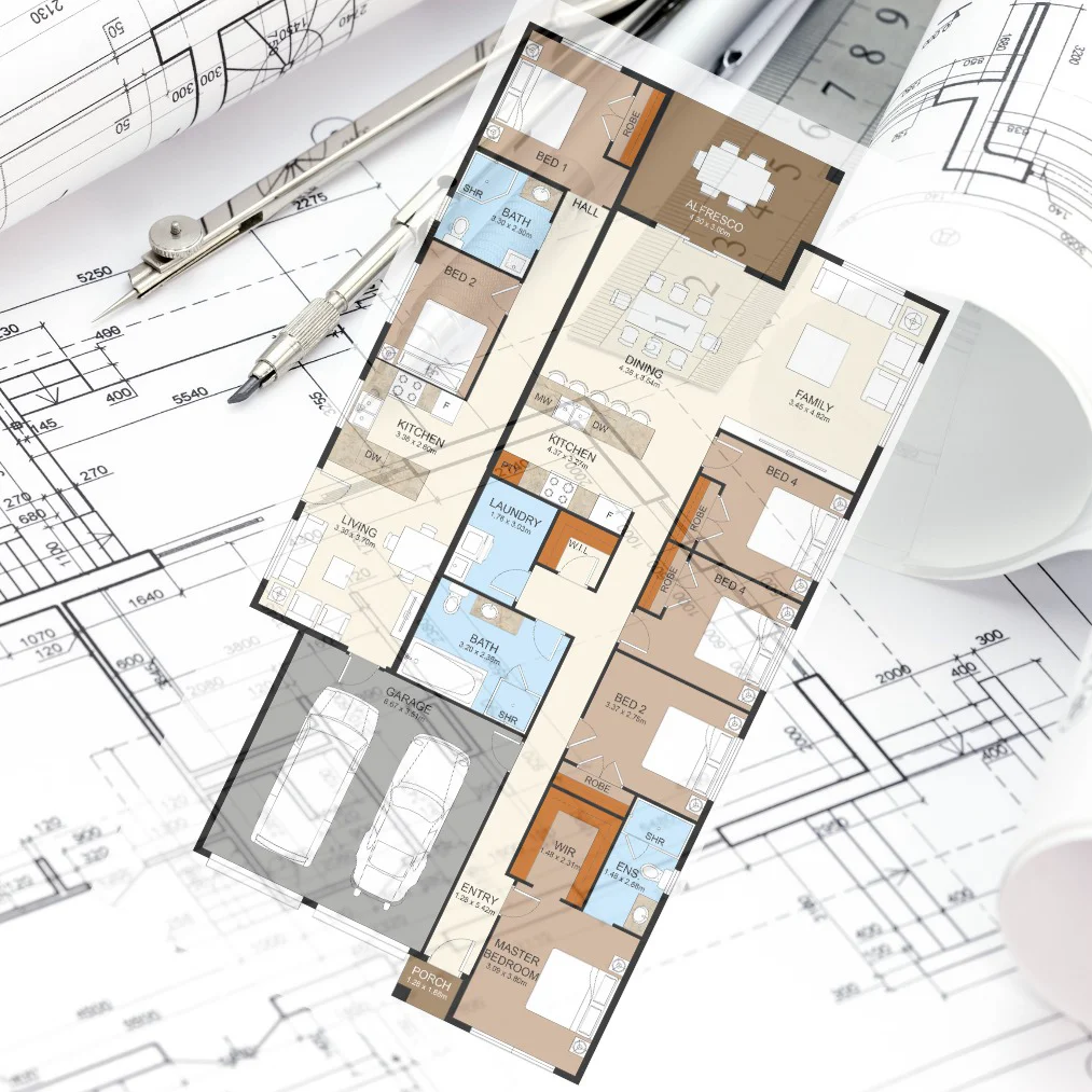 Our Services 6 Residential floor plan overlay centered on technical architectural drawings and drafting tools, symbolizing home design, planning, or construction services.